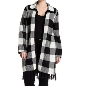 Cable & Gauge Cardigan Womens 1X Plaid Long Open Duster Black White Sweater